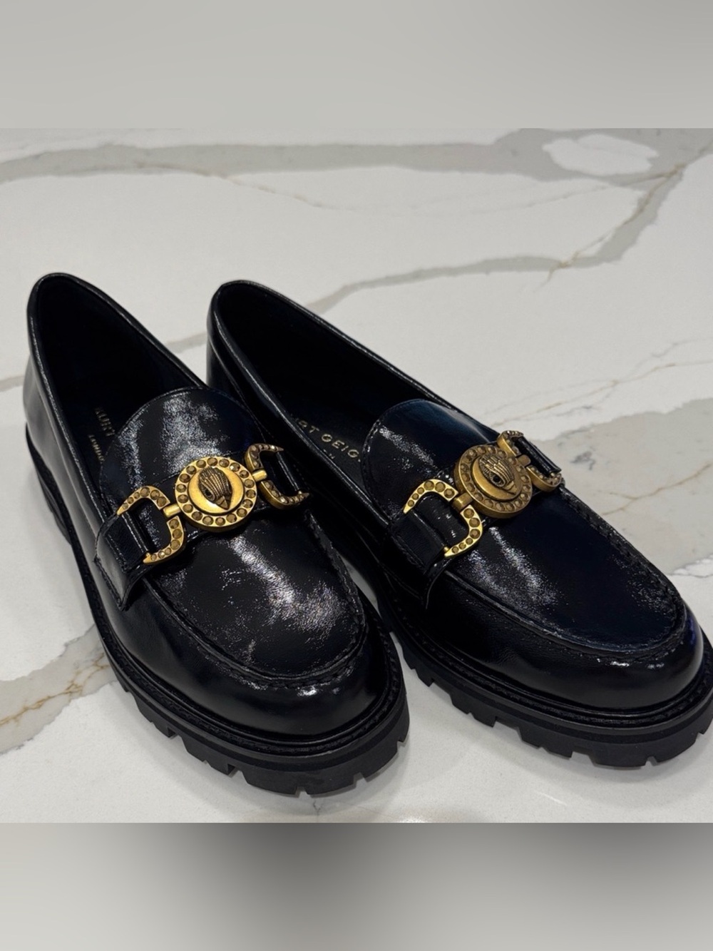 Kurt Geiger Black Patent Leather Loafers with Gold Hardware size 8.5